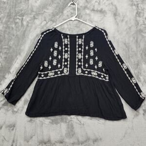 Kismet Top Womens M Black Cream Embroidered Crinkle Gauze Rayon Long Sleeve Boho